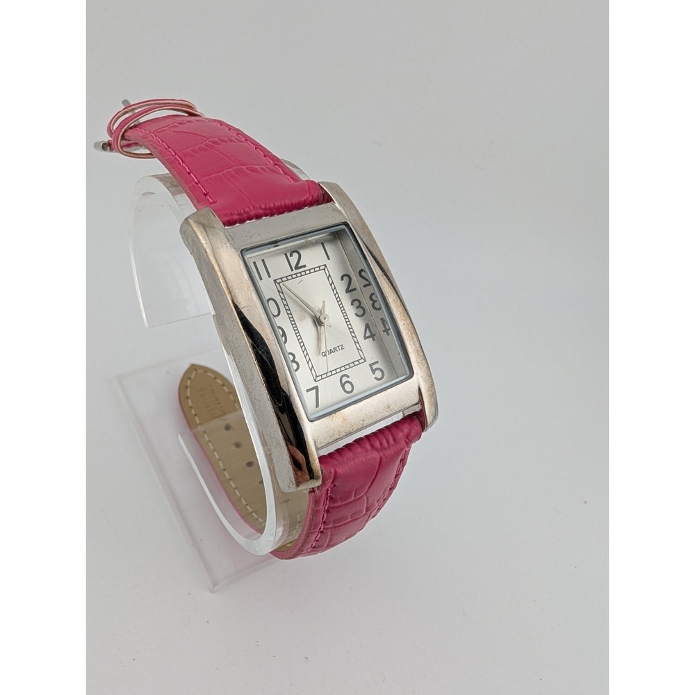 Women's Tank Watch 26mm Silver Case Pink Faux Leather Band- New Battery